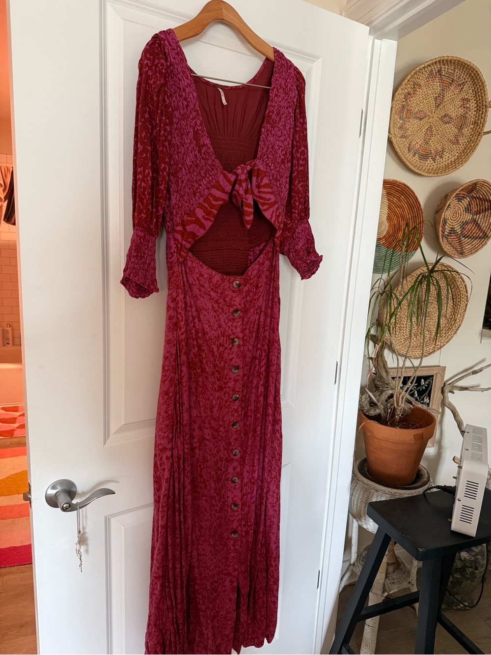 Free People Fuchsia Tie-Front Velvet Maxi Dress